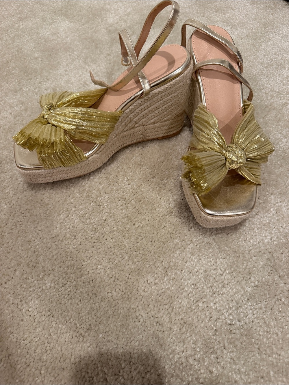 Gold Bow Espadrille Wedge Sandals - Women